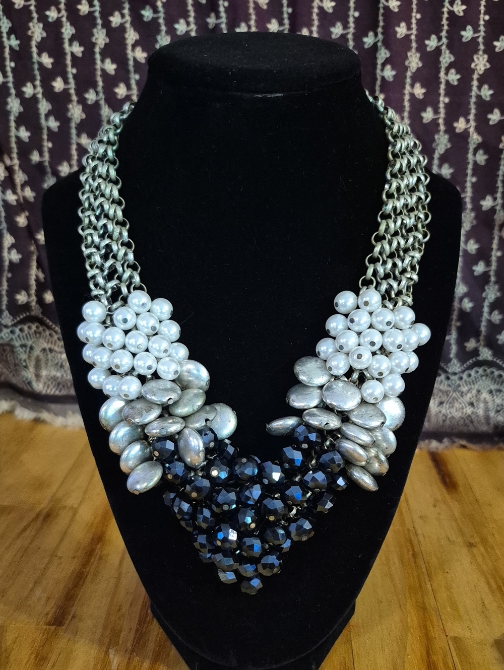 White Pearl, Silver and Black Multi-Strand Statement Necklace